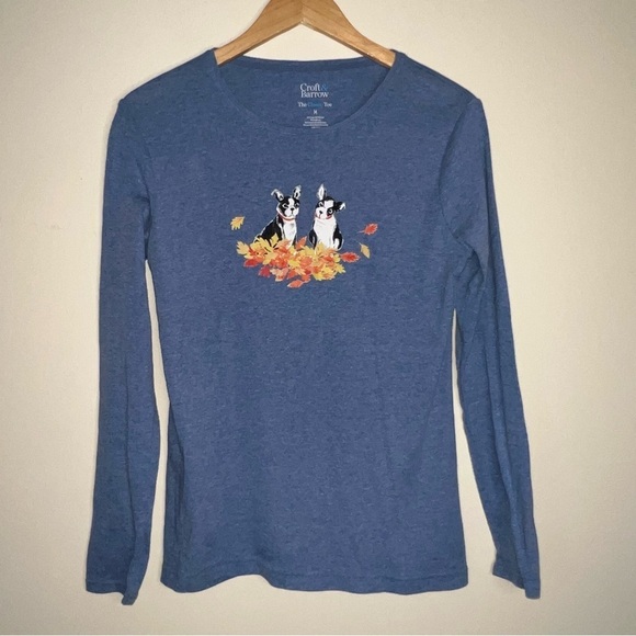 Croft & Barrow “The Classic Tee” Boston Terrier in Leaves Long Sleeve Tee Medium - Picture 5 of 6